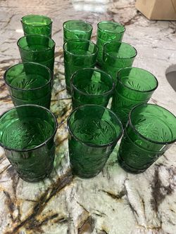 Vintage Anchor Hocking Tiara Forest Green Sandwich Juice Glasses