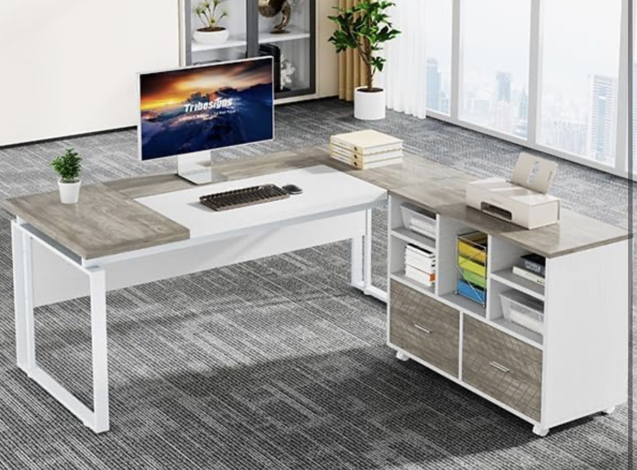 F2372AB L-Shaped Executive Desk with Reversible File Cabinet, 63" Office Desk with Storage Drawers, L-Shaped Computer Desk with Drawer Cabinet for Han