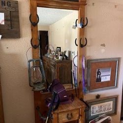 Western-style Tall Mirrored Entryway Hall Tree / Coat Rack