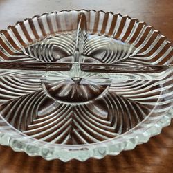 Vintage Indiana Glass Clear 3-Part Relish Dish Ribbed Fan Pattern