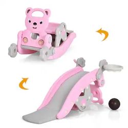 4-in-1 Rocking Horse & Slide Set Toddler Slide Playset w/Basketball Hoop - Pink