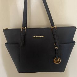 Michael Kors Charlotte Top Zip Tote Shoulder Bag Navy Saffiano Leather