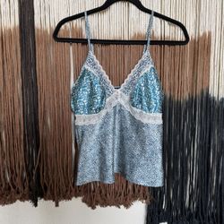 Teal and white silk and lace cami tank top with adjustable straps; perfect condition