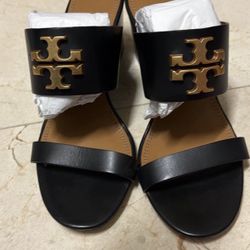 Black Tory Burch Everly 65MM Leather Sandal Wedge with Rolled Brass 8.5 / 8 1/2 Women’s like NEW