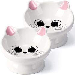 New AISBUGUR Raised Ceramic Cat Bowls – Set of 2, Pink Ears