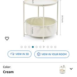 TOOLF End Table, Metal Nightstand, Sofa Side Snack Table, Coffee Round Table with Detachable Tray Top and Fabric Storage Basket, Scandi Style Table fo