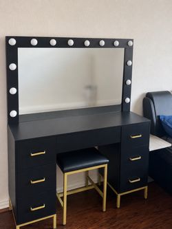Black Makeup Vanity with Hollywood Mirror and Stool