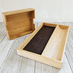 Two Men's Wooden Dresser Tabletop Jewelry Trinket Accessory Trays Drawer Organizers One with Felt Lining. 

Large Tray Measures 10"Lx5.5"W×1"H,
Small 