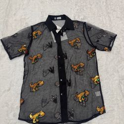 New large men’s black Button Up Shirt sheer Dino sequin festival rave dinosaur