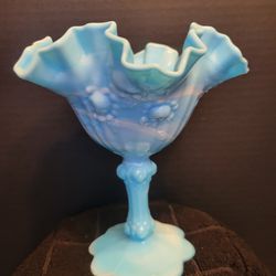 Vintage Fenton Blue Marble Cabbage Rose Pattern Milk Glass Ruffled Compote 6.5" 