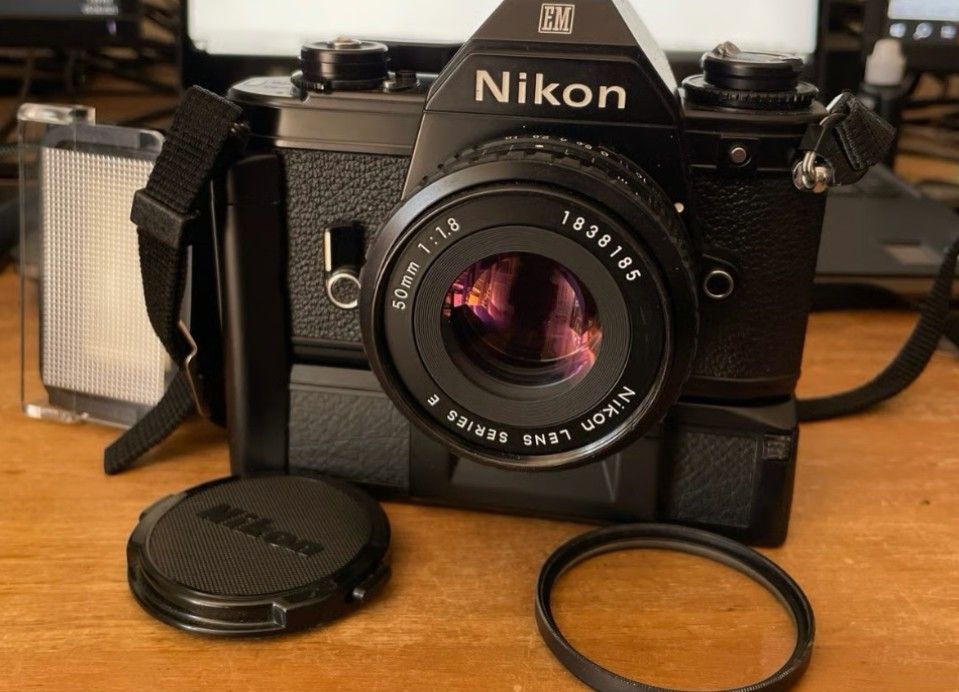 Nikon EM with Nikon power winder and Vivitar flash1