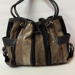 FOSSIL Suede Leather Patchwork Hobo Shoulder Bag Purse-Brown/Black