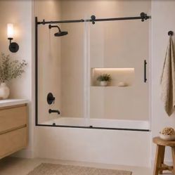niveal Ridge 60 in. W x 60 in. H Sliding Semi-Frameless Tub Door in Matte Black Finish with Clear Tempered Glass
