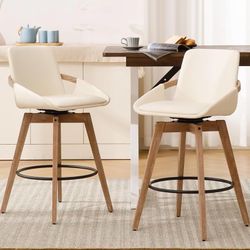 Leather Swivel Bar Stools Set of 2, Mid-Century Modern Counter Height Chairs with Faux PU Upholstery and Natural Wooden Legs for Kitchen Island, 26 In