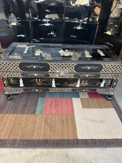 Genuine Hand-Lacquered Japanese Storage Chest w/ Hand Carved Mother-of-Pearl Inlay - Okinawa - 36x16