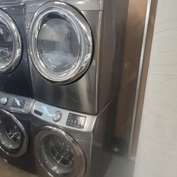 Samsung Front Loading Washer And Stackable Gas Dryer Set In Platnum Stainless Steel 