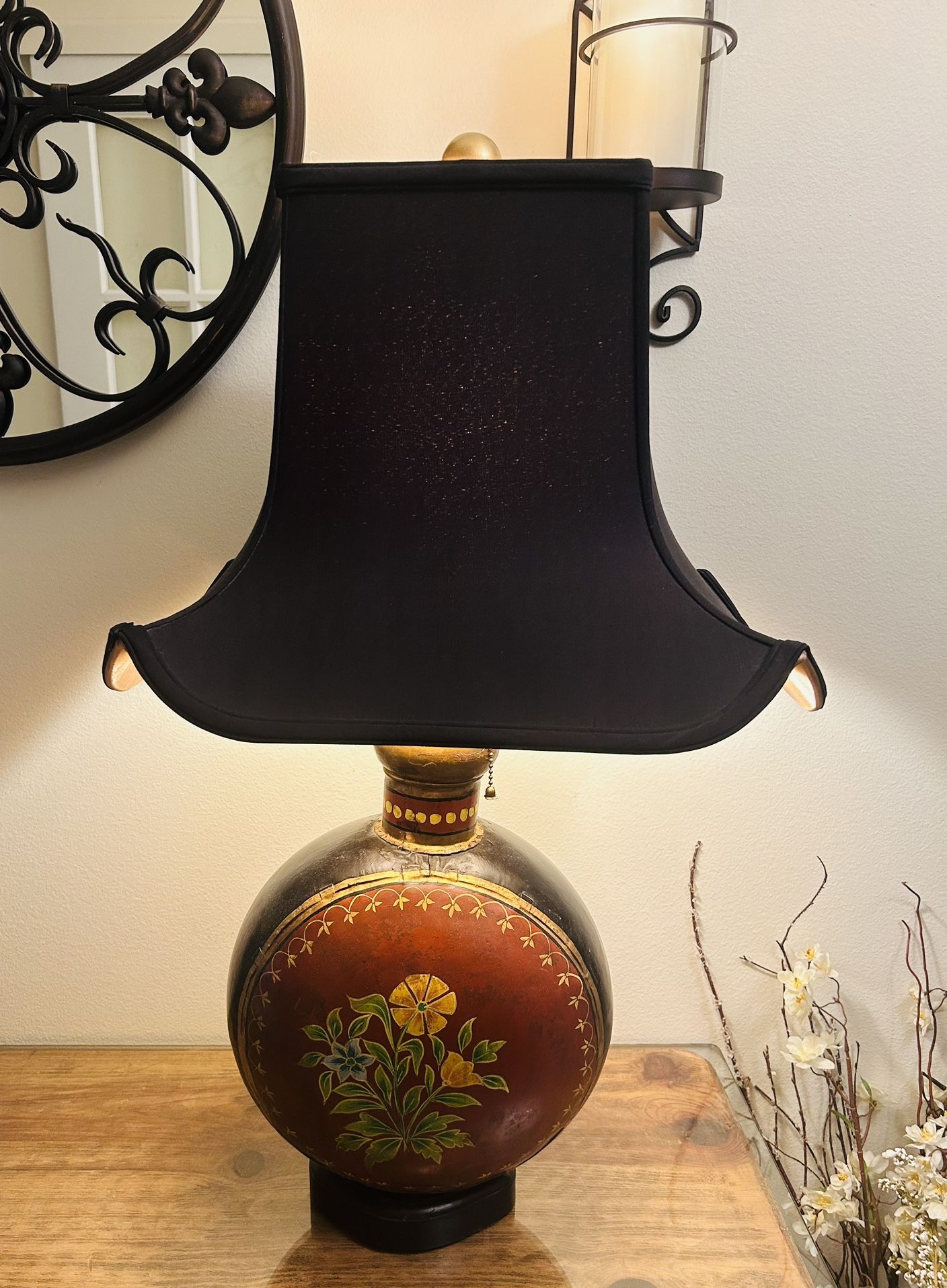Gorgeous and Unique Vintage Hand Painted Metal Indian Jug Table Lamp