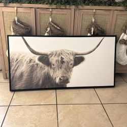 Majestic Longhorn/Highland Bull Canvas Art - Large 4ft x 2ft - Framed B&W Farmhouse Decor