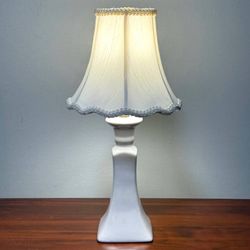 Vintage Small White Ceramic Porcelain Bedside Accent Table Lamp With Bell Shaped Shade