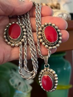 Vintage Sterling Silver and Mediterranean Coral Necklace/Earring Set
