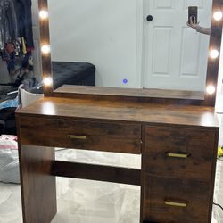 Rustic Wood Makeup Vanity with Lighted Mirror and Power Station