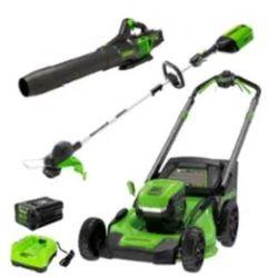 Greenworks 80v 21inch Lawnmower, trimmer, and leaf blower
