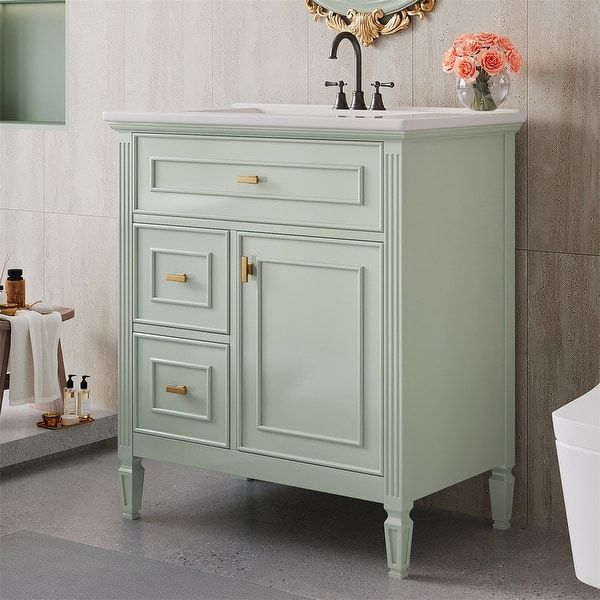 30" Bathroom Vanity with Ceramic Sink Combo, Bathroom Vanity Cabinet with 1 Flip Drawer, 2 Drawers & Adjustable Shelf - Green