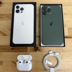 Like New in Box Unlocked iPhone 13 Pro Max 256GB Green with AirPods 3 included.  