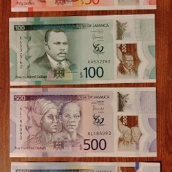 Jamaica 50,100,500&1000 Dollars Bills Banknotes Currency 