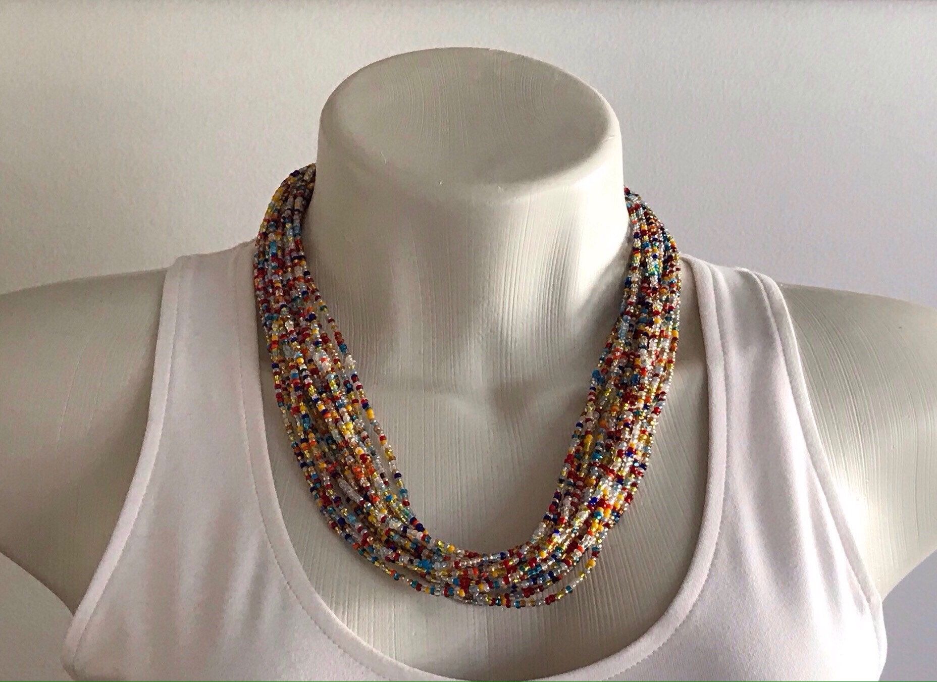 Bohemian Necklace, Boho Necklace, Multicolored Beaded Necklace, Bib Statement Necklace, Colored Necklace, Old Gold Clasp, Layered Necklace