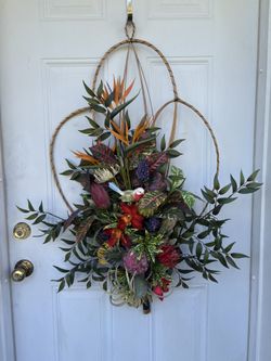 Faux Floral/Bird Arrangement Tropical-Motif Wreath