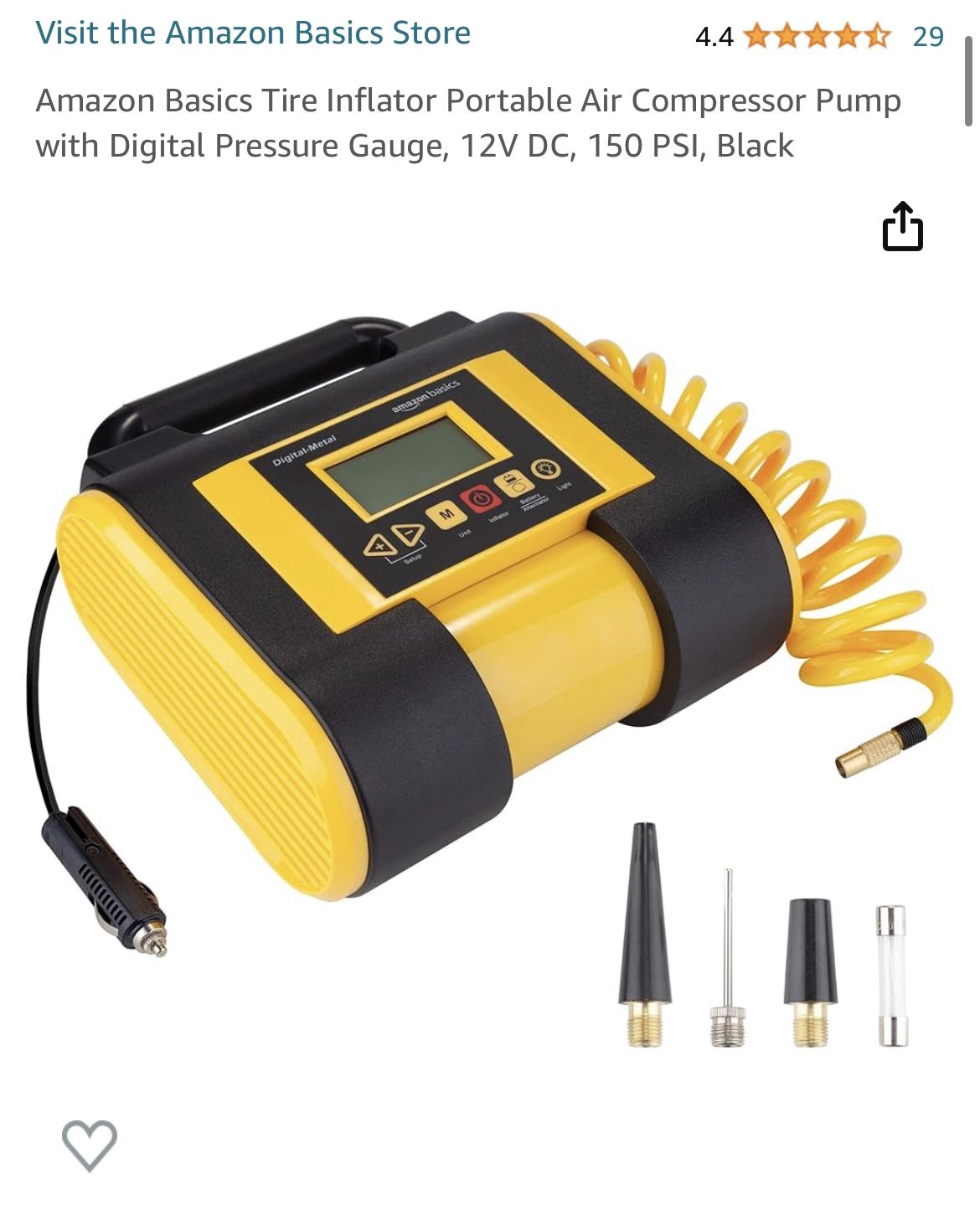 Amazon Basics Tire Inflator Portable Air Compressor Pump with Digital Pressure Gauge, 12V DC, 150 PSI, Black