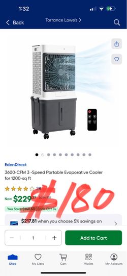 EdenDirect 3600-CFM 3-Speed Portable Evaporative Cooler for 1200-sq ft