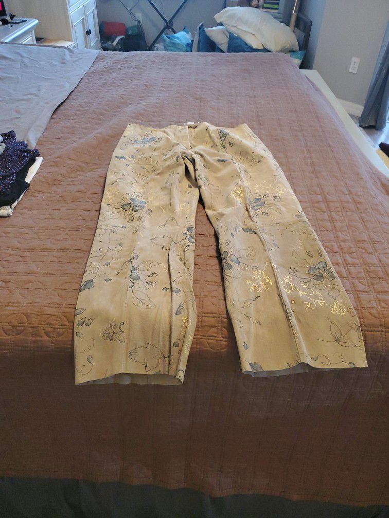 Suede Pants Tan With Floral Print