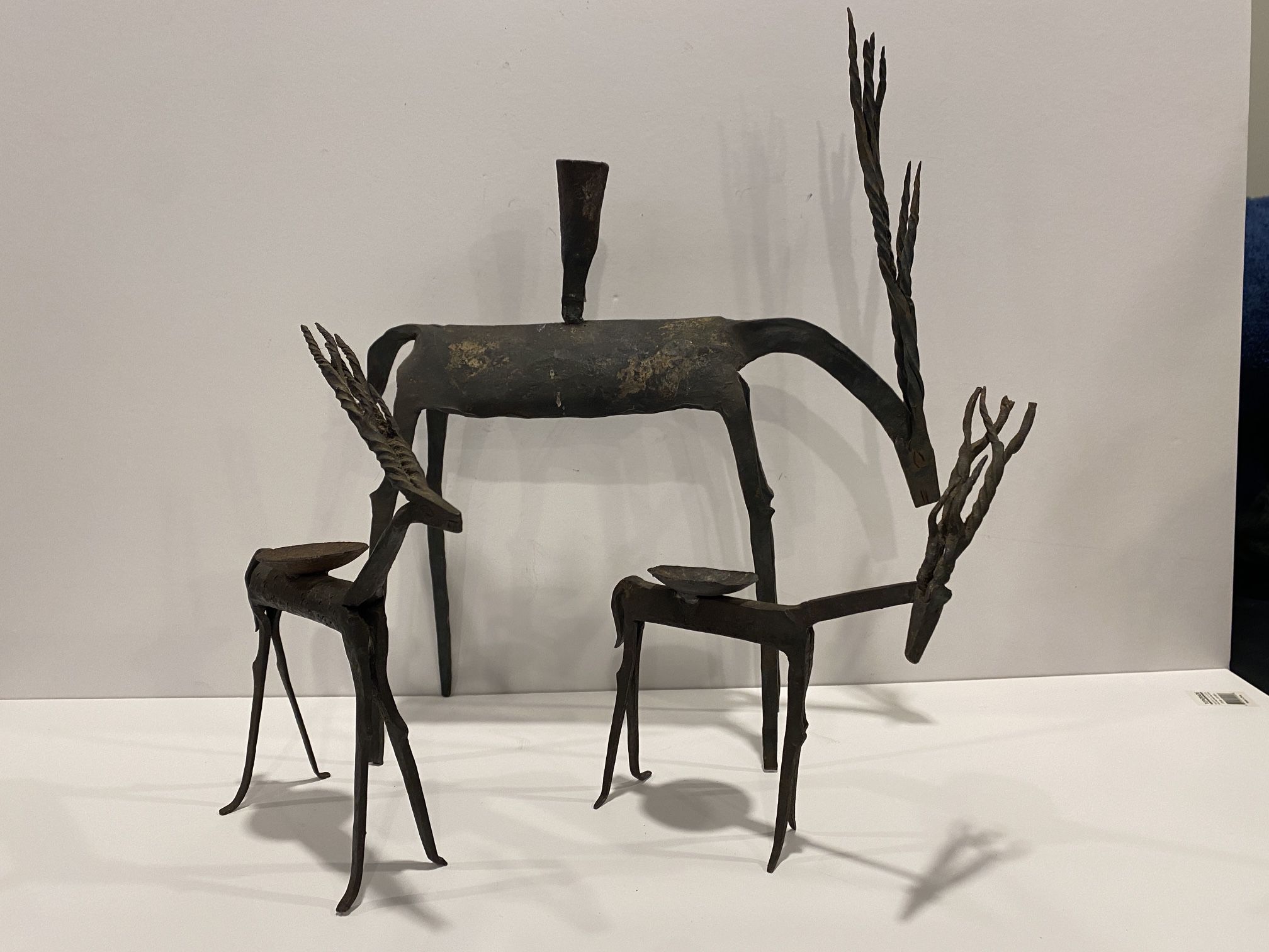 Vintage Brutalist form Forged Iron Metal Rustic Antelope / Gazelle Sculpture Candel Holders. Set of 3.