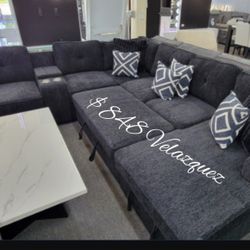 ✅️✅️4 pc black chenille fabric upholstered sectional sofa with USB pop up sleeper storage chaise✅️