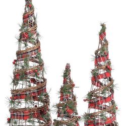 Red Christmas Plaid Trio Rattan Vine LED Lighted Cone Tree Set 