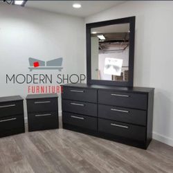 DRESSER WITH MIRROR AND TWO NIGHTSTANDS 
