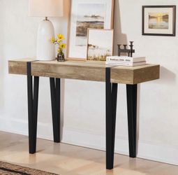 47.32 in. Oak Finish Rectangle MDF Wood Console Table with Metal Legs，IF1636