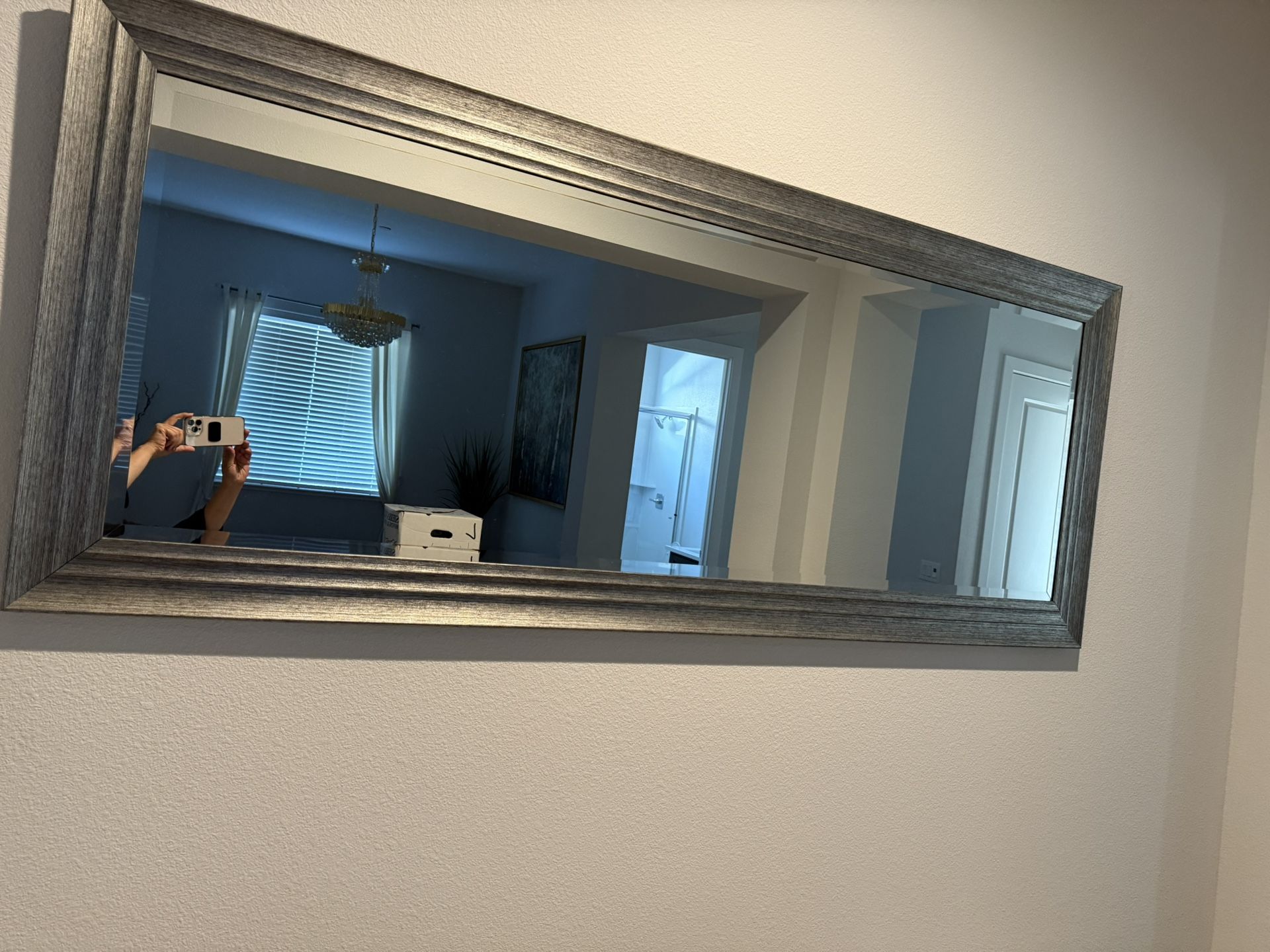 Beautiful large decorative mirror with gray trim.