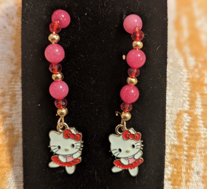 Hello Kitty Ballerina Earrings with Pink Agate, Gold and Red Accents