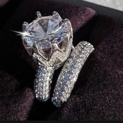 925 Silver Engagement & Wedding Crown Ring Set New