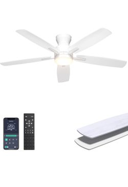 52” Modern Ceiling Fan with Light – Flush Mount Low Profile, Remote + App Control, Dimmable LED, Ultra Quiet DC Motor, 6-Speed Reversible, White f