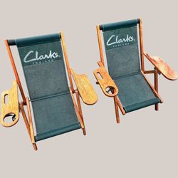 Vintage Clarks England Beach Chair Set 2 Teak Wood Vinyl Mesh 3 Recline Cup Holder Outdoor Fold Up