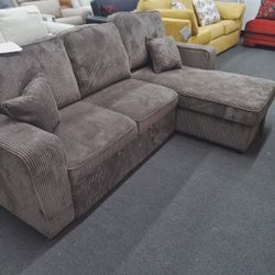 93"W L-Shape Sleeper Sectional with Chaise/Storage in Brown Fabric.