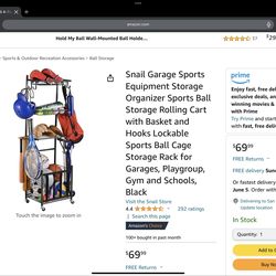Snail Garage Sports Equipment Storage Organizer Sports Ball Storage Rolling Cart with Basket and Hooks Lockable Sports Ball Cage Storage Rack Garage