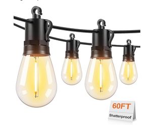 60ft Cool White LED Outdoor String Lights, Waterproof Festoon Light, 20 x Hanging Sockets