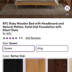 king ruby wooden bed with headboard and natural rattan 1000lb capacity