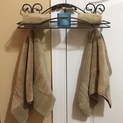 Thick Pewter Gray Metal Hanging Shelf with Glass Insert & 2 Hooks