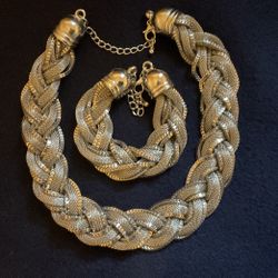 16”-18”SilverTone Braided Necklace Set With Matching Bracelet